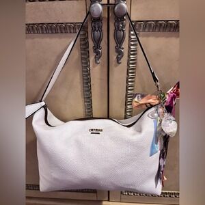 GUESS White‎ Pebbled Leather Hobo Shoulder Bag with Scarf Charm